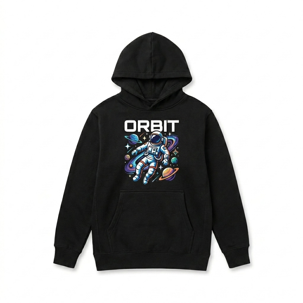 Custom Kids Fleece Pullover Hoodie design direction 2: Bold Graphic Illustration featuring the ORBIT wordmark