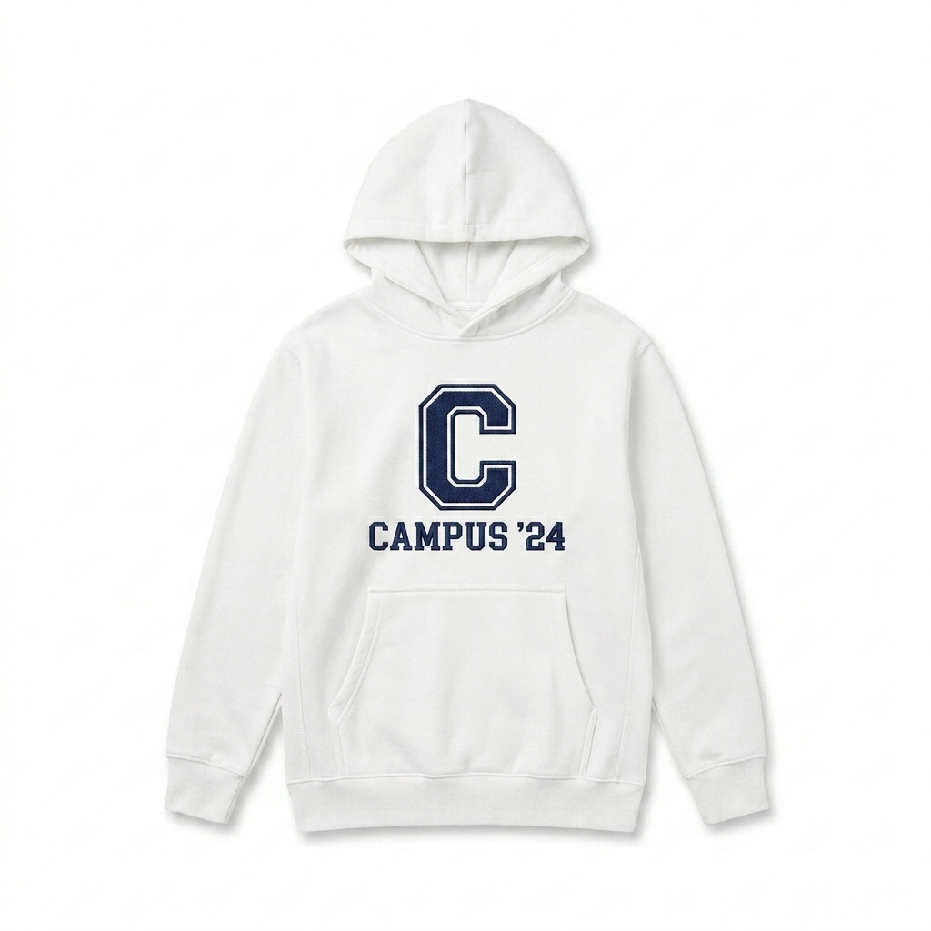Custom Kids Fleece Pullover Hoodie design direction 3: Retro Collegiate Emblem featuring the CAMPUS '24 wordmark