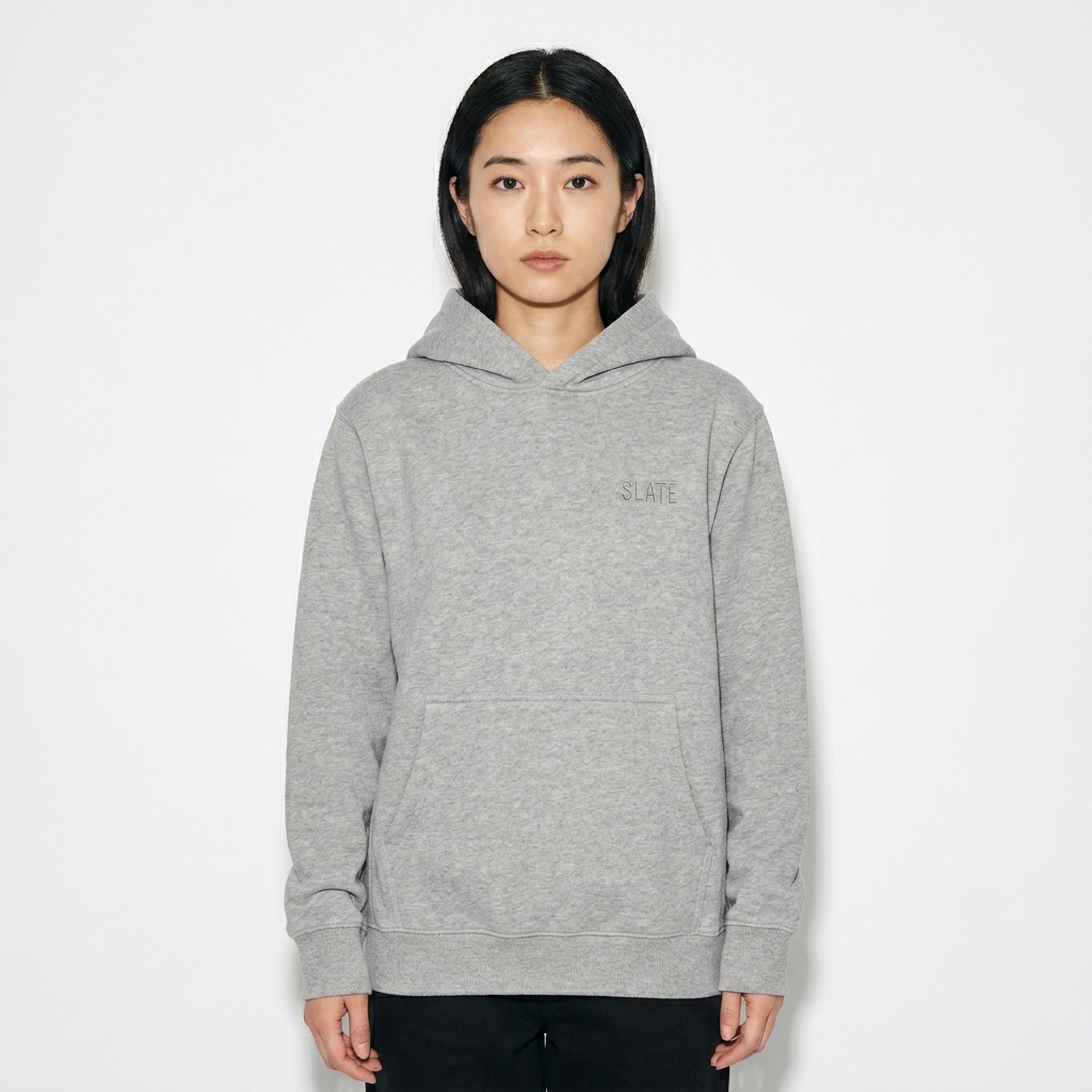 Kids Fleece Pullover Hoodie worn by a petite Japanese female fashion influencer, techwear modern styling, studio lookbook — custom kids fleece pullover hoodie