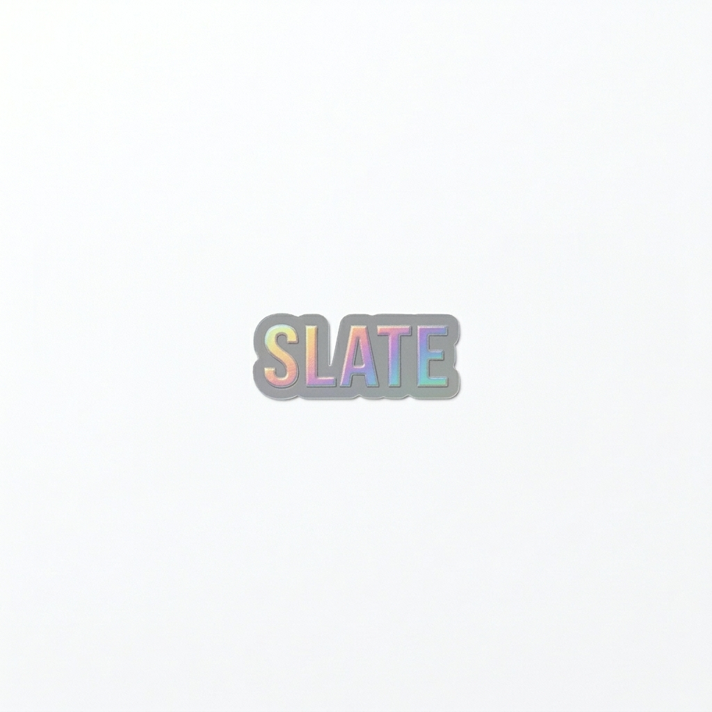 Custom Kiss-Cut Holographic Stickers design direction 1: Minimalist Wordmark featuring the SLATE wordmark