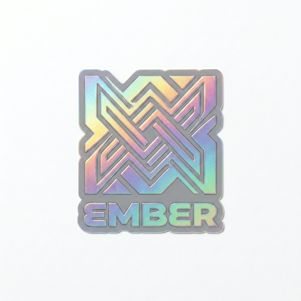 Custom Kiss-Cut Holographic Stickers design direction 2: Bold Abstract Graphic featuring the EMBER wordmark