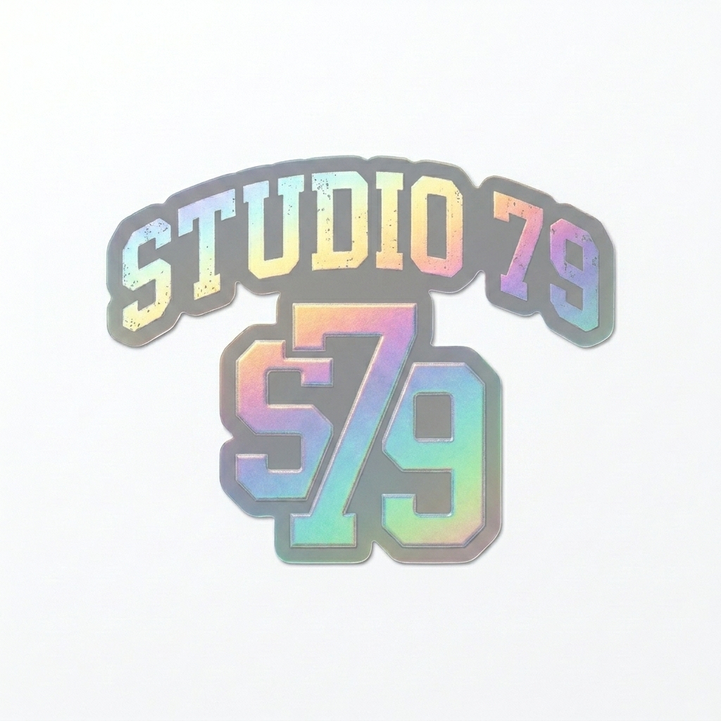 Custom Kiss-Cut Holographic Stickers design direction 3: Retro Collegiate Emblem featuring the STUDIO 79 wordmark