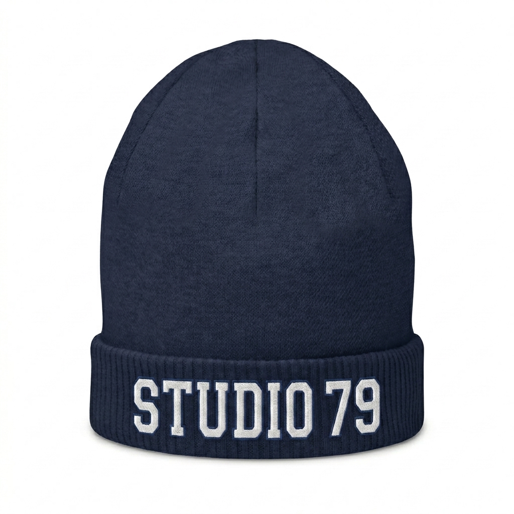 Custom Knitted Beanie design direction 2: Retro Collegiate Emblem featuring the STUDIO 79 wordmark