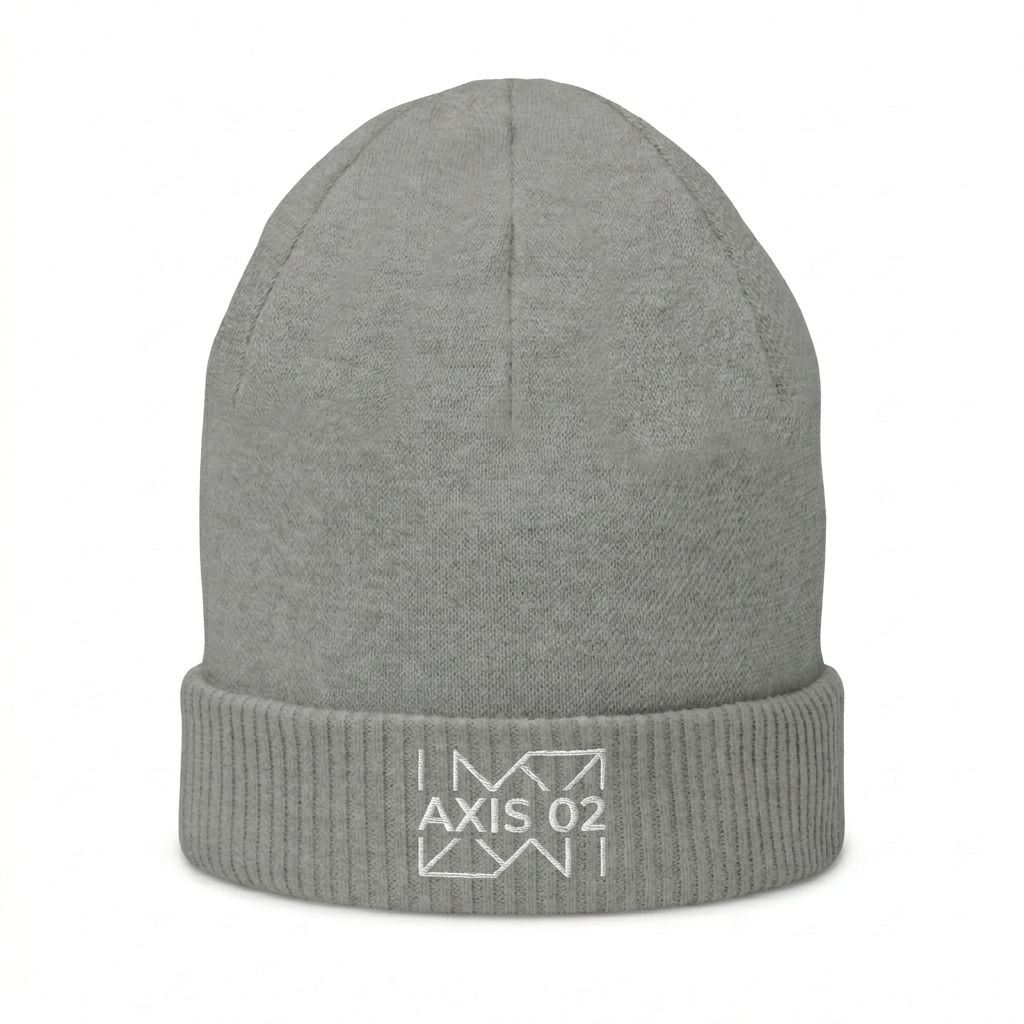 Custom Knitted Beanie design direction 3: Geometric Abstract Graphic featuring the AXIS 02 wordmark