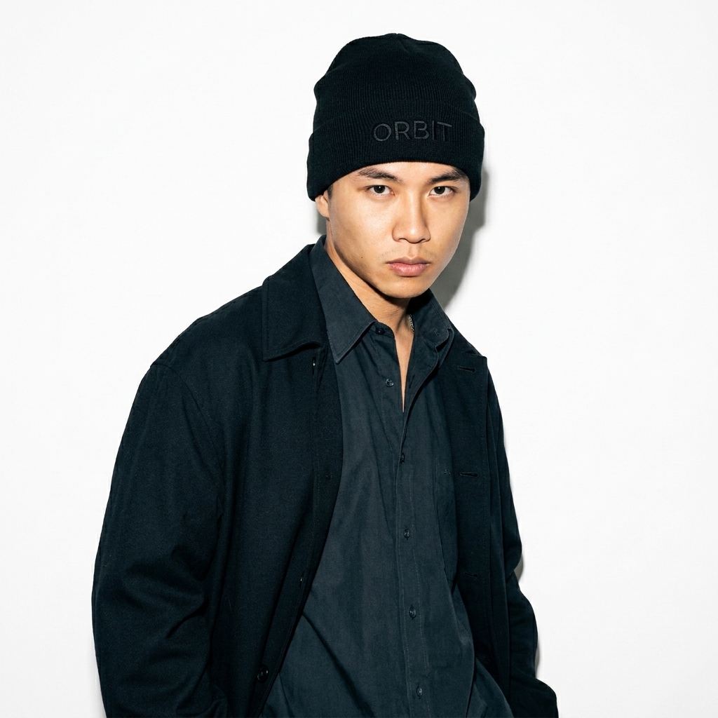 Knitted Beanie worn by a petite Vietnamese male fashion influencer, clean-girl minimal styling, studio lookbook — custom knitted beanie