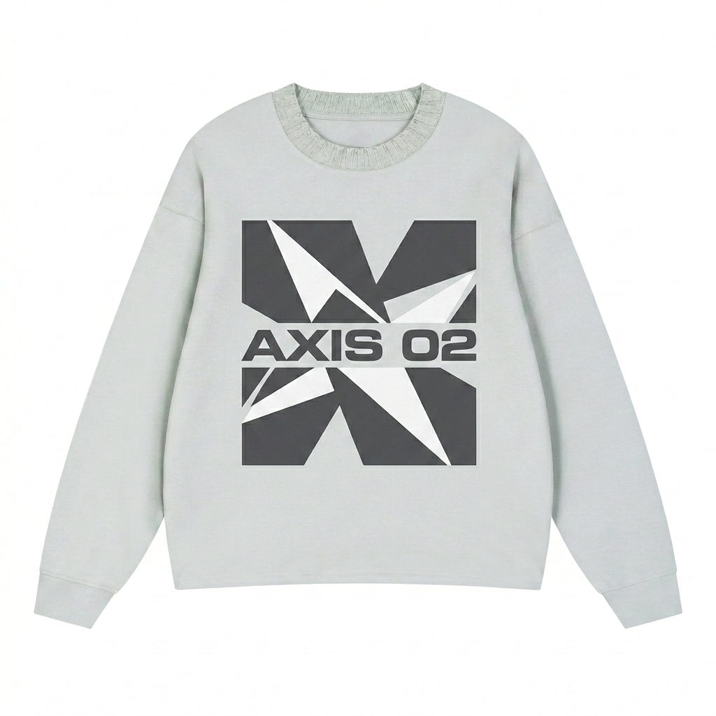 Custom Knitted Oversize Sweatshirt design direction 2: Bold Abstract Graphic featuring the AXIS 02 wordmark
