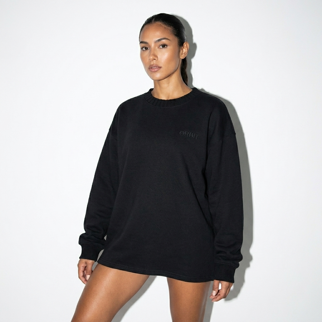 Knitted Oversize Sweatshirt worn by a toned Hispanic female fashion influencer, gorpcore outdoor styling, studio lookbook — custom knitted oversize sweatshirt