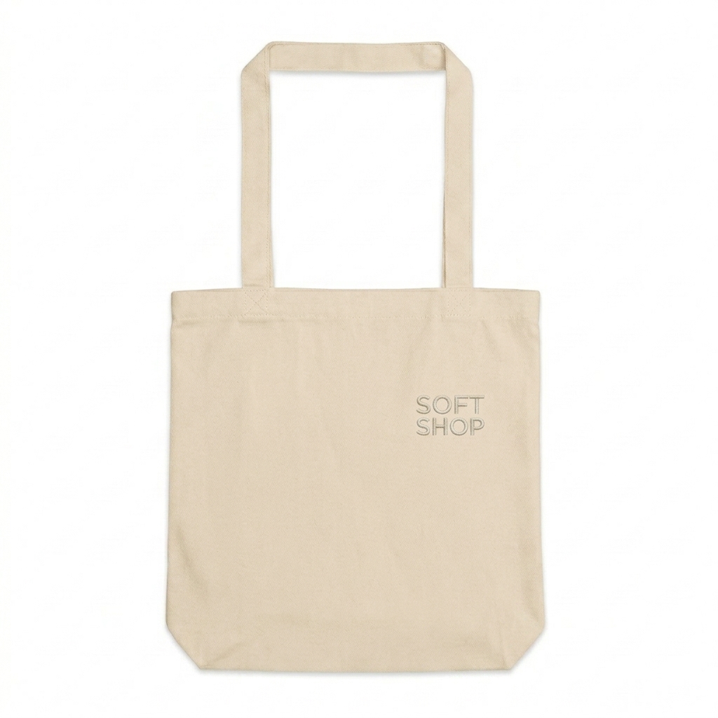 Custom Large Eco Cotton Tote Bag design direction 2: Minimalist Wordmark featuring the SOFT SHOP wordmark