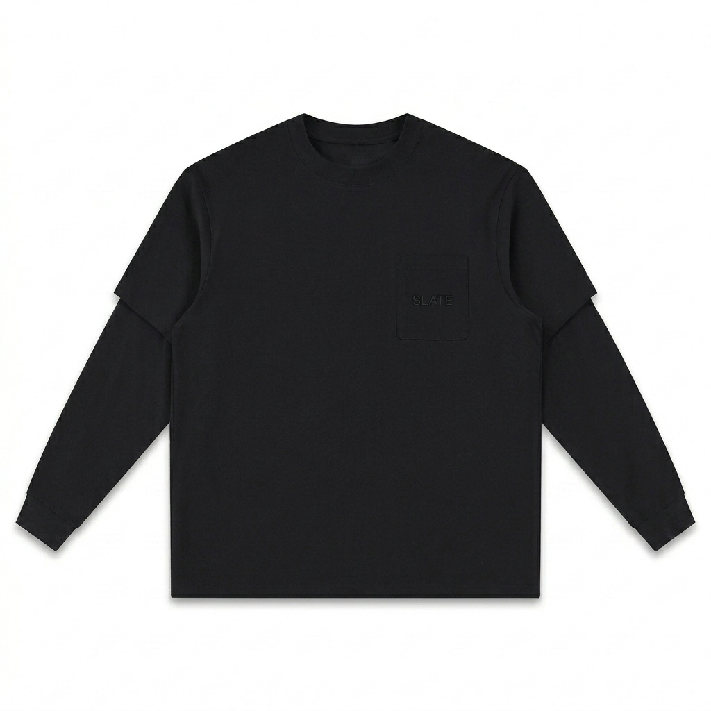 Custom Layered Long Sleeve Oversized Tee design direction 1: Tonal Minimalist Wordmark featuring the SLATE wordmark