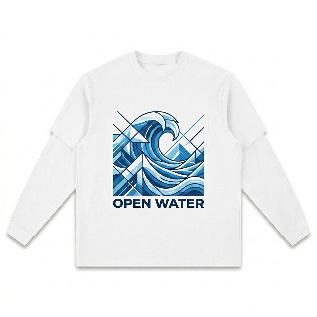 Custom Layered Long Sleeve Oversized Tee design direction 2: Bold Abstract Graphic featuring the OPEN WATER wordmark