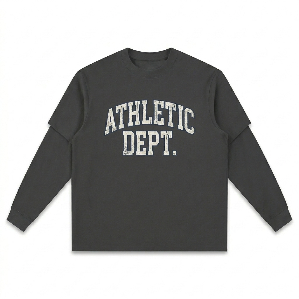 Custom Layered Long Sleeve Oversized Tee design direction 3: Retro Collegiate Emblem featuring the ATHLETIC DEPT. wordmark
