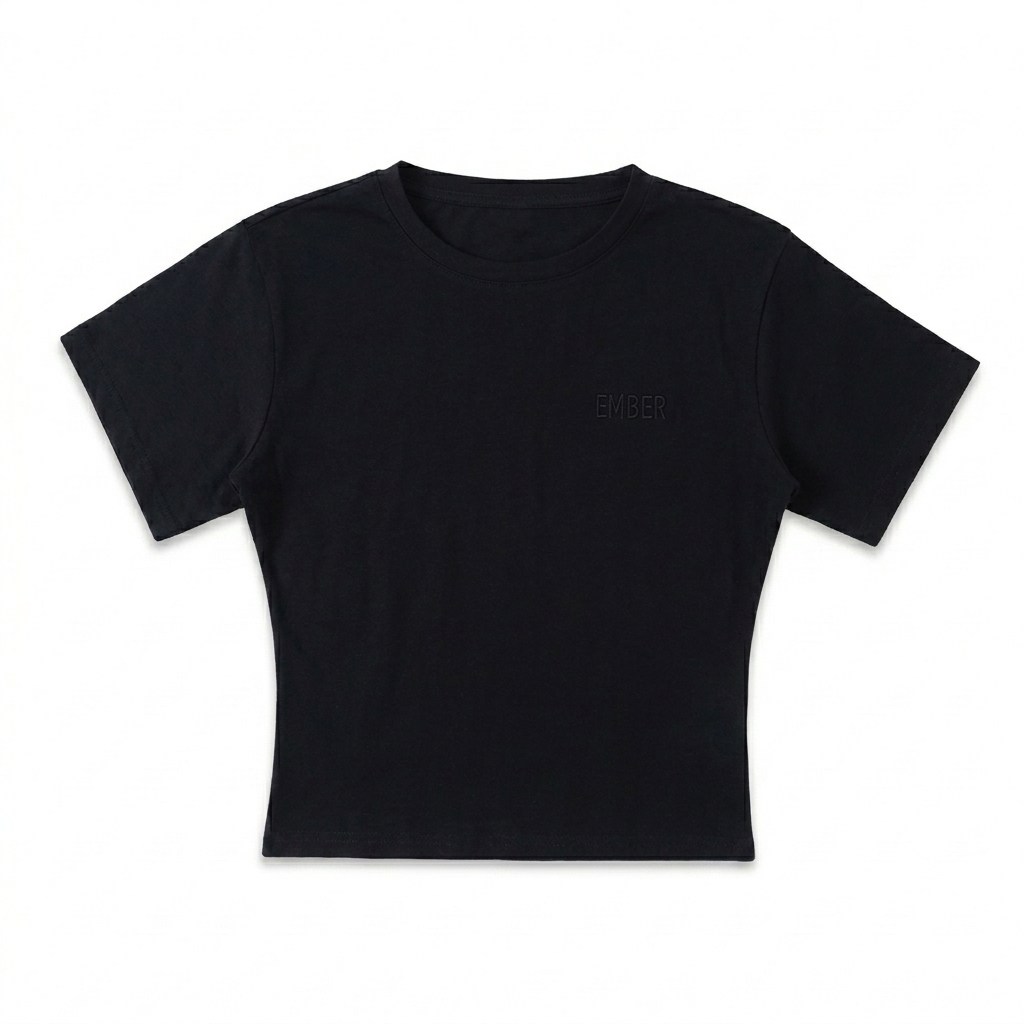 Custom Lightweight Cocoon Short Sleeve Top design direction 1: Tonal Minimalist Wordmark featuring the EMBER wordmark