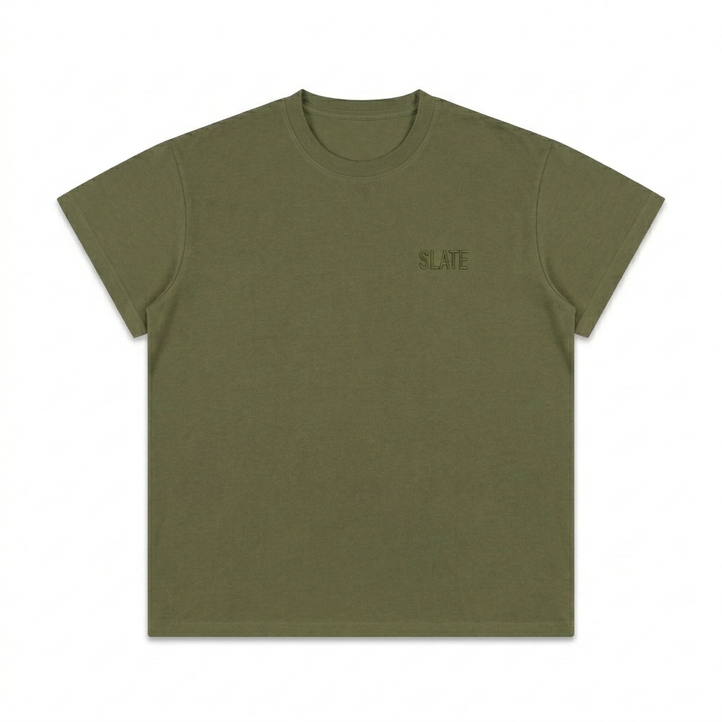 Custom Lightweight Cotton T-Shirt design direction 1: Tonal Minimalist Wordmark featuring the SLATE wordmark