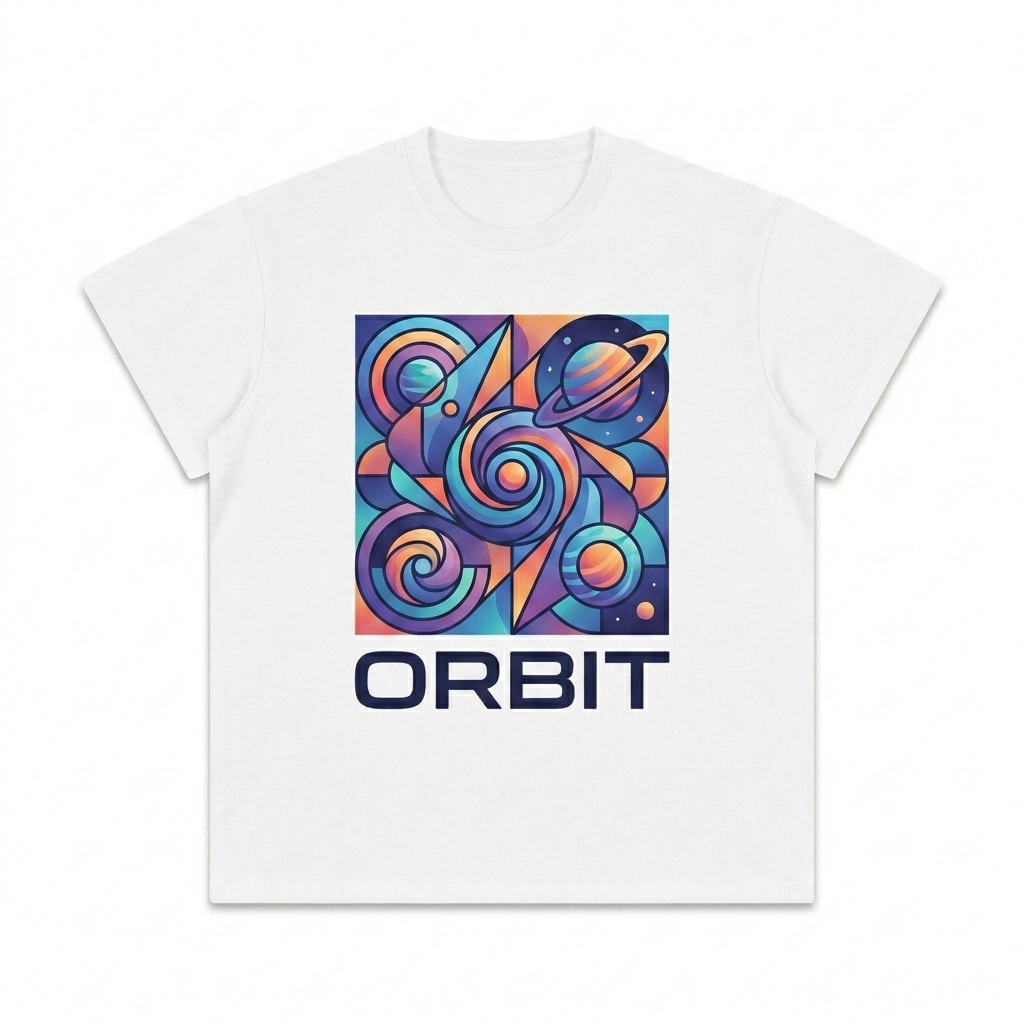 Custom Lightweight Cotton T-Shirt design direction 2: Bold Graphic Illustration featuring the ORBIT wordmark