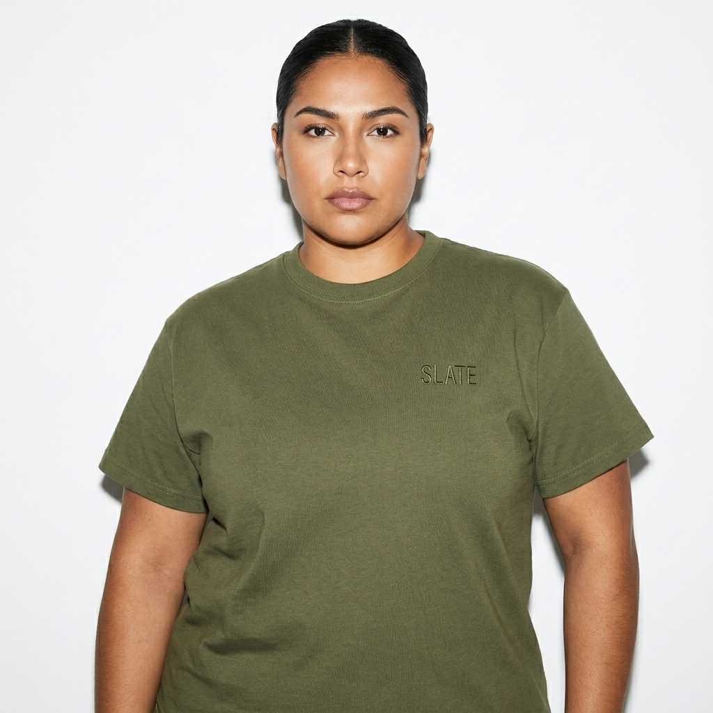 Lightweight Cotton T-Shirt worn by a broad-shouldered Latino female fashion influencer, downtown streetwear styling, studio lookbook — custom lightweight cotton t-shirt
