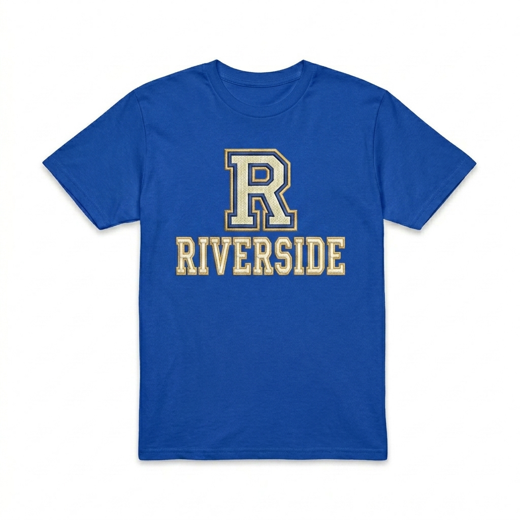 Custom Lightweight T-Shirt design direction 3: Retro Collegiate Emblem featuring the RIVERSIDE wordmark