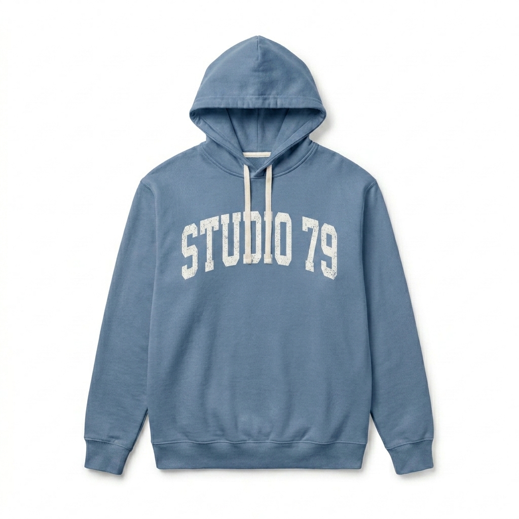 Custom Unisex Garment-Dyed Lightweight Hoodie design direction 3: Retro Collegiate Text featuring the STUDIO 79 wordmark