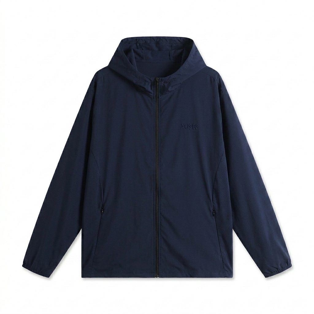 Custom Lightweight Hooded Sports Jacket design direction 1: Minimalist Utility Wordmark featuring the AXIS 02 wordmark