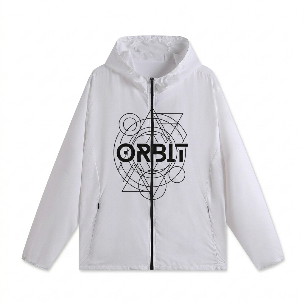 Custom Lightweight Hooded Sports Jacket design direction 2: Abstract Geometric Graphic featuring the ORBIT wordmark