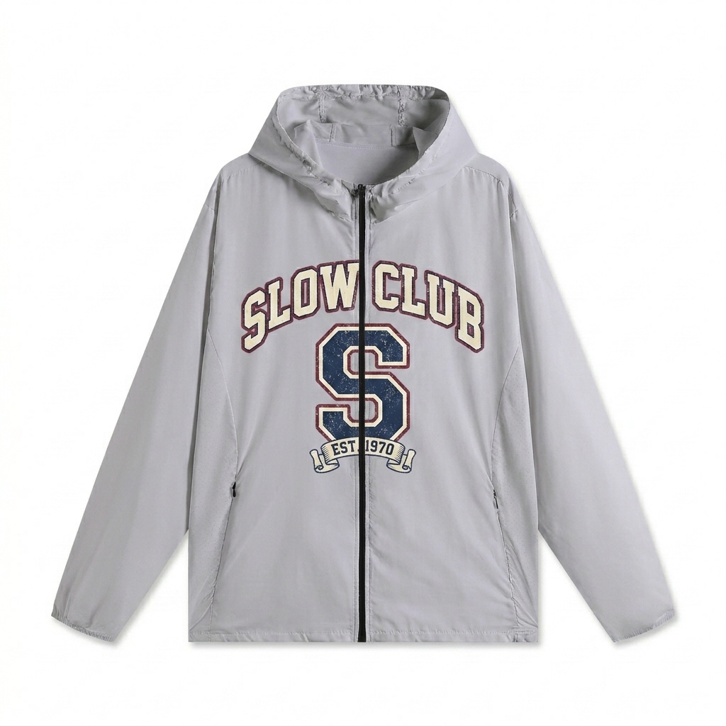 Custom Lightweight Hooded Sports Jacket design direction 3: Retro Collegiate Emblem featuring the SLOW CLUB wordmark