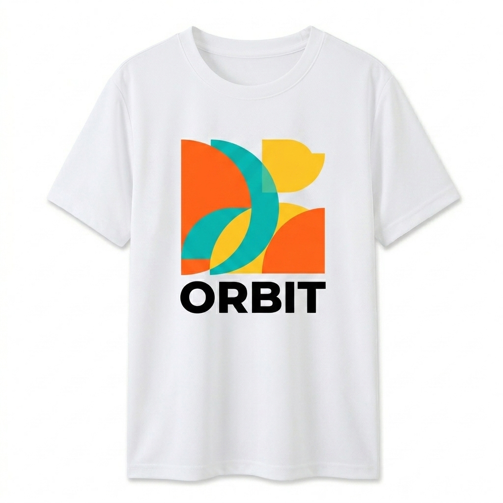 Custom Lightweight Performance Crewneck T-Shirt design direction 2: Dynamic Abstract Graphic featuring the ORBIT wordmark
