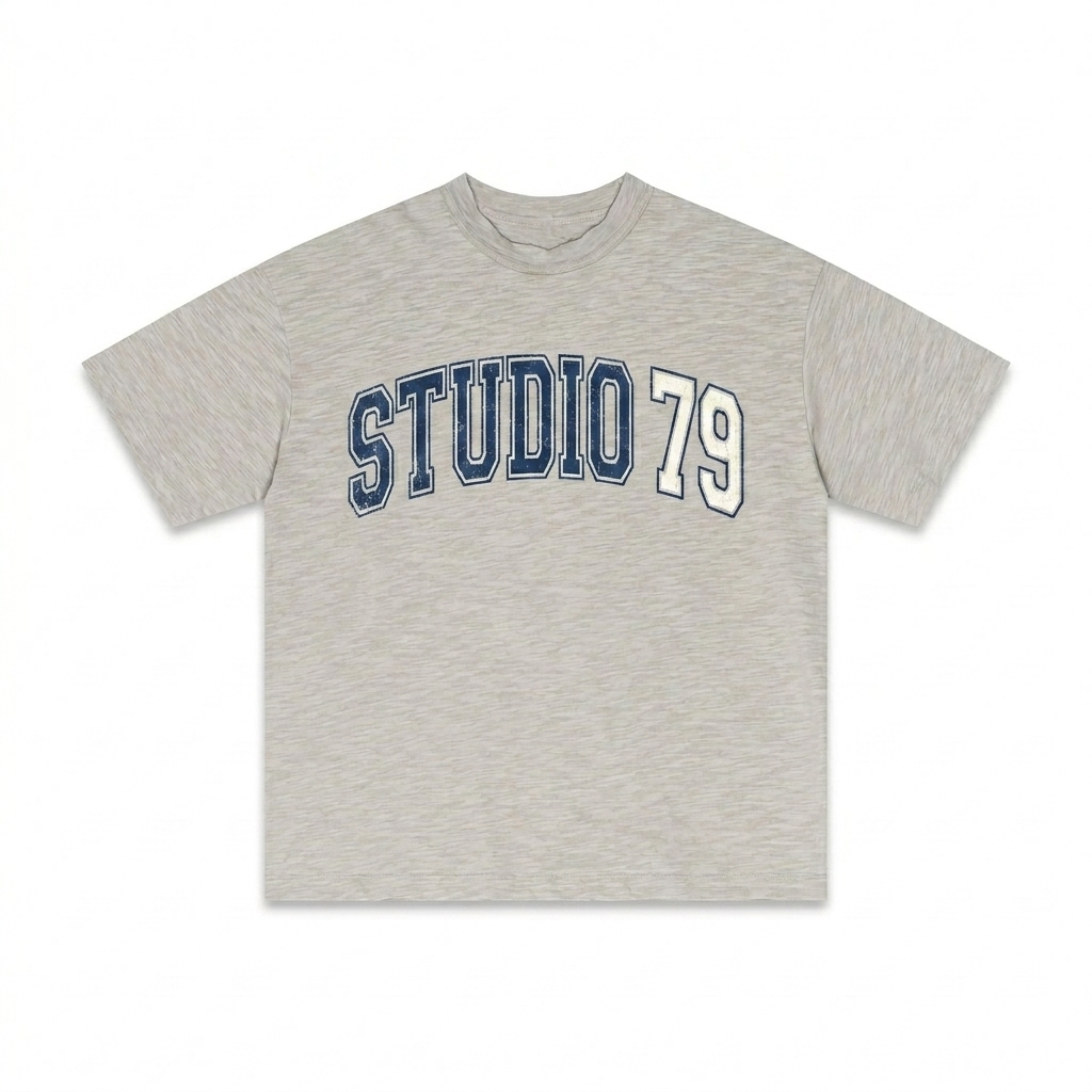 Custom Lightweight Slub Cotton T-Shirt design direction 3: Retro Collegiate Typography featuring the STUDIO 79 wordmark