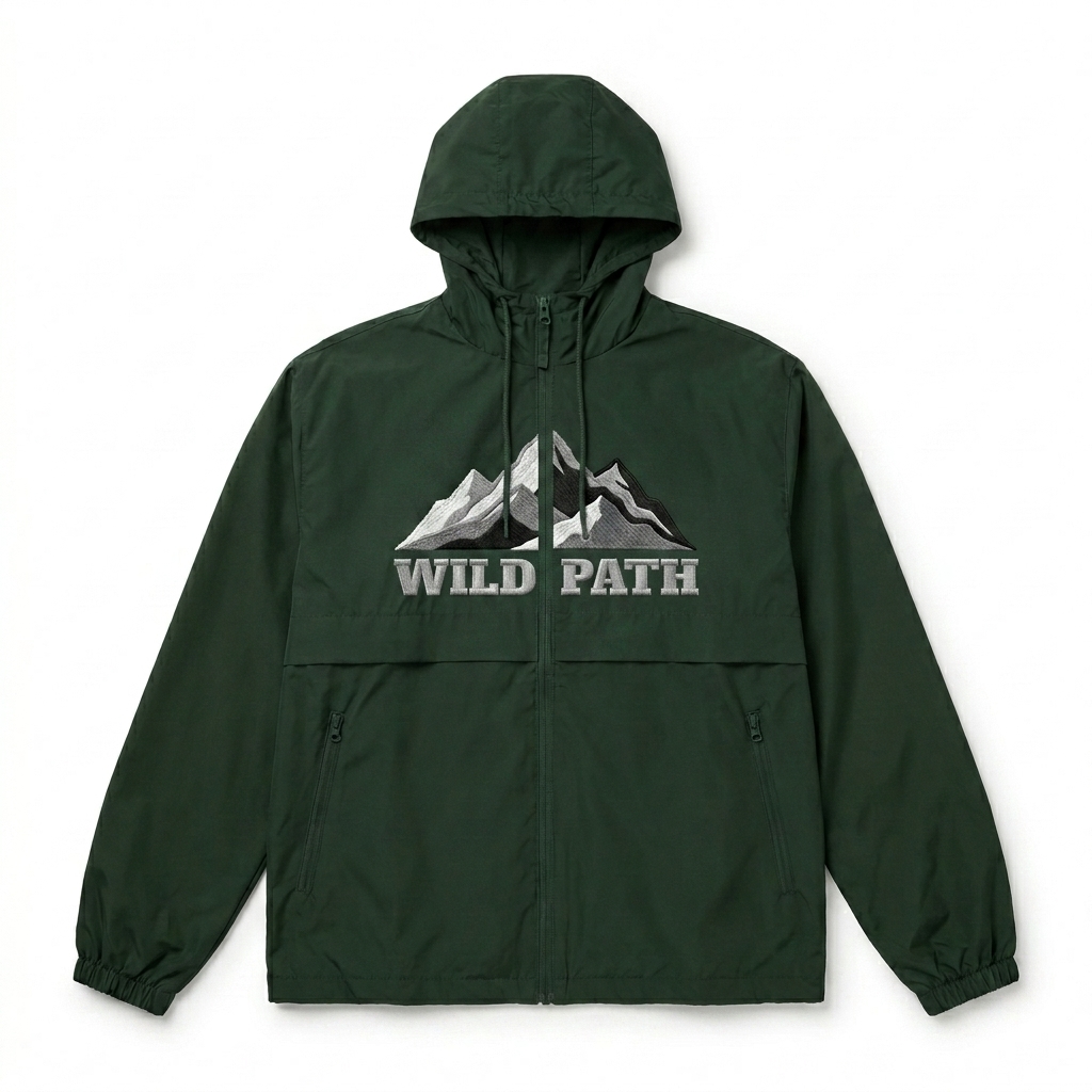 Custom Lightweight Unisex Windbreaker design direction 2: Abstract Terrain featuring the WILD PATH wordmark