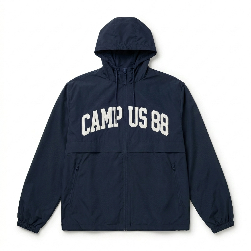 Custom Lightweight Unisex Windbreaker design direction 3: Varsity Athletic featuring the CAMPUS 88 wordmark