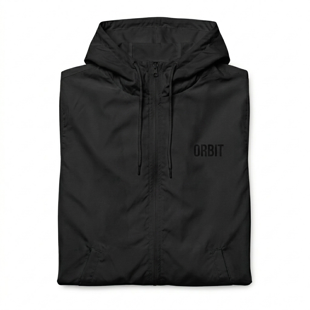 Custom Lightweight Zip-Up Windbreaker design direction 1: Tonal Minimalist Wordmark featuring the ORBIT wordmark