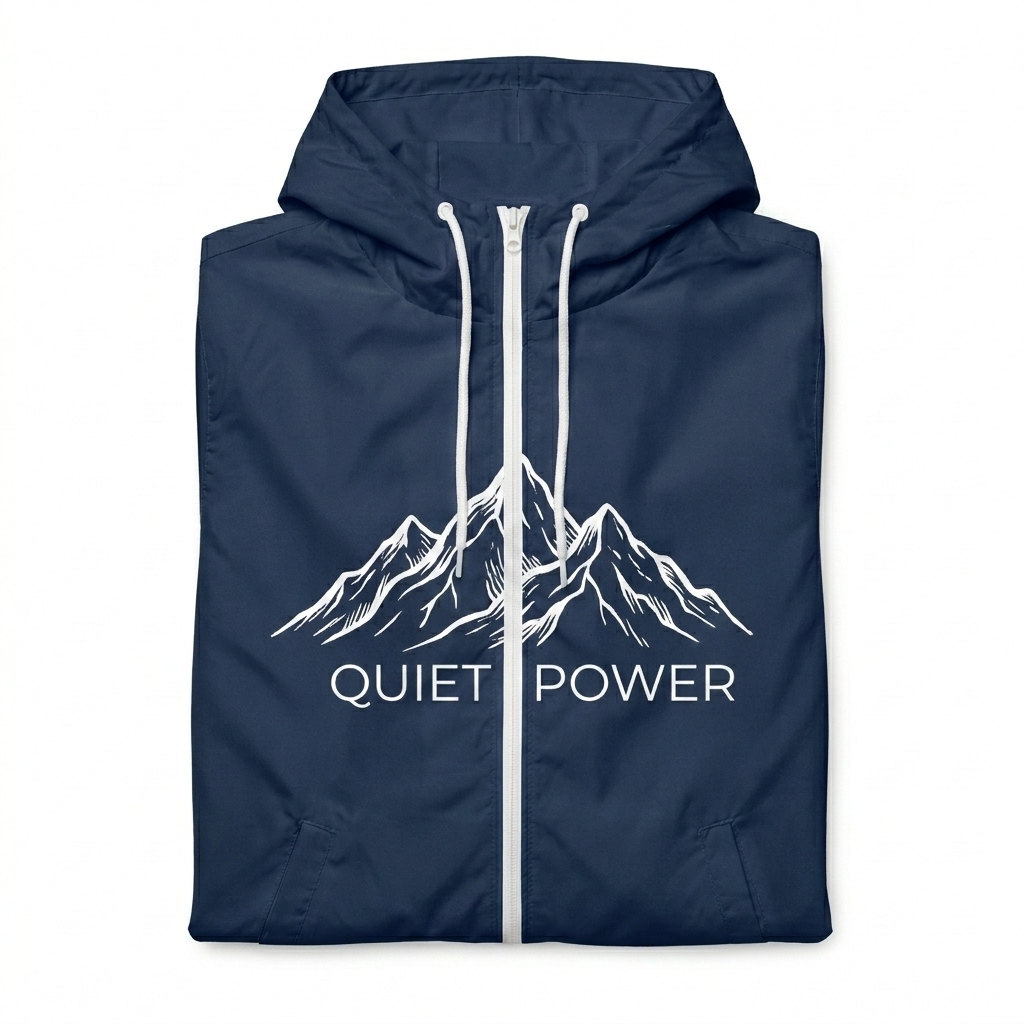 Custom Lightweight Zip-Up Windbreaker design direction 2: Bold Graphic Illustration featuring the QUIET POWER wordmark