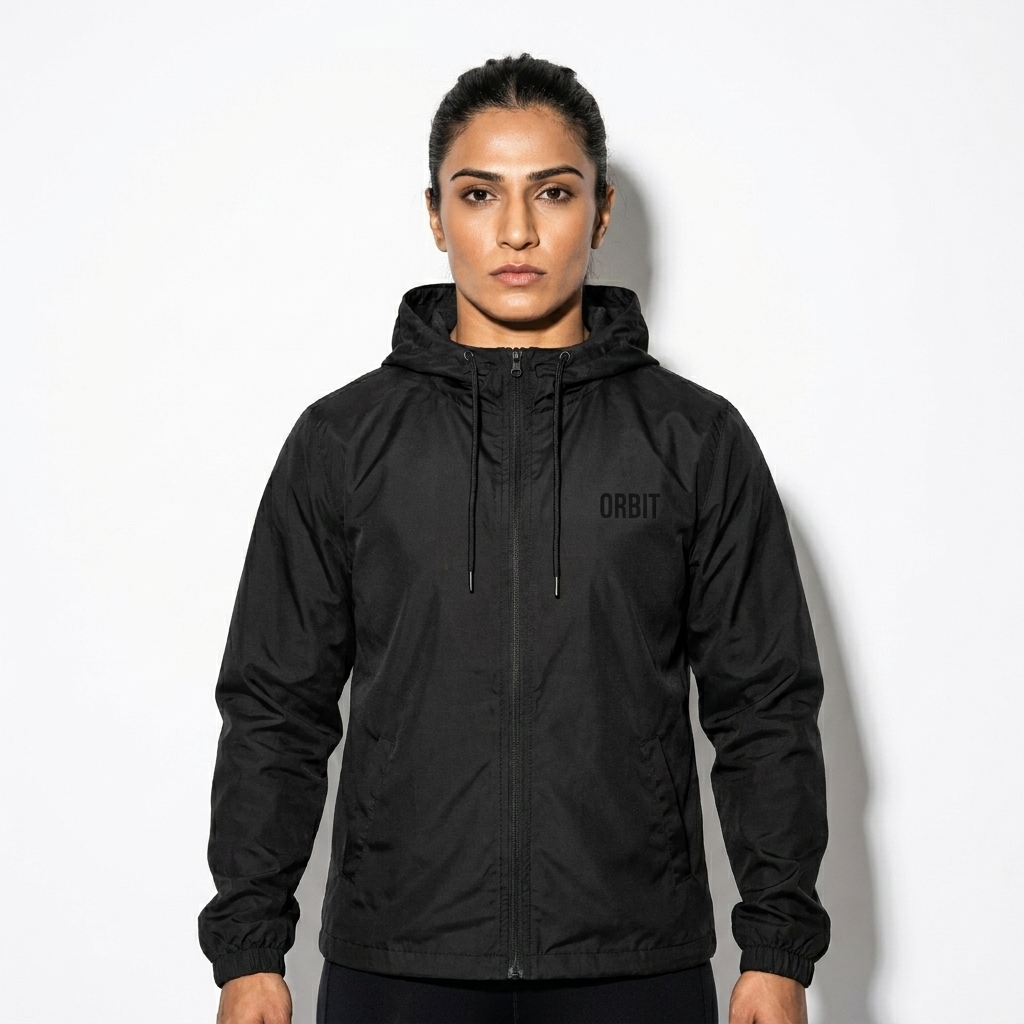 Lightweight Zip-Up Windbreaker worn by a athletic muscular Pakistani female fashion influencer, preppy ivy styling, studio lookbook — custom lightweight zip-up windbreaker