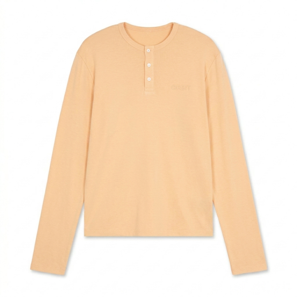 Custom Long Sleeve Henley T-Shirt design direction 1: Tonal Minimalist Wordmark featuring the ORBIT wordmark