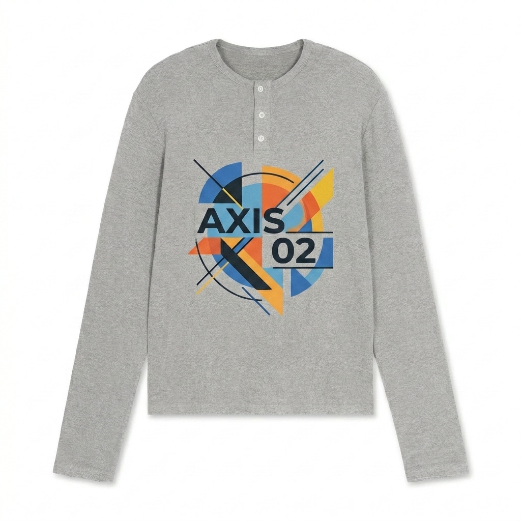 Custom Long Sleeve Henley T-Shirt design direction 2: Bold Abstract Graphic featuring the AXIS 02 wordmark