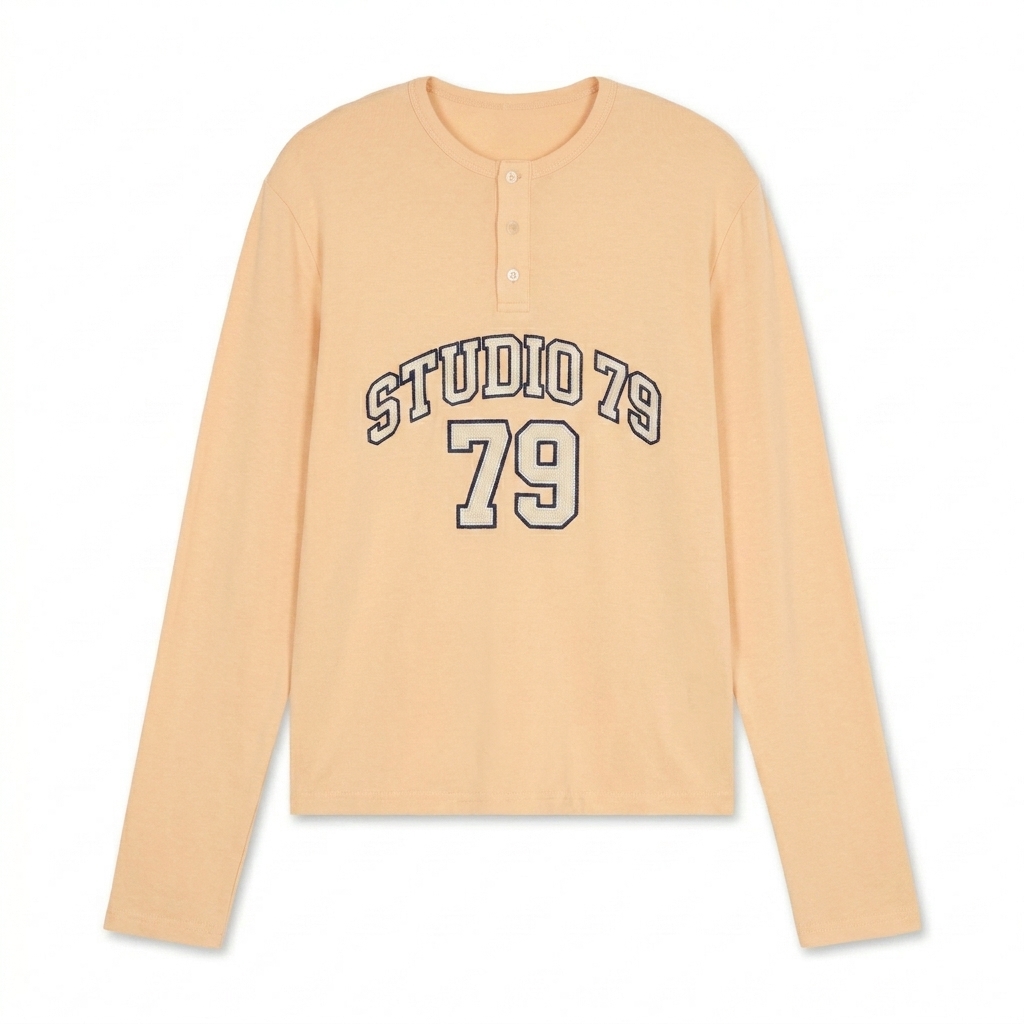 Custom Long Sleeve Henley T-Shirt design direction 3: Retro Collegiate Emblem featuring the STUDIO 79 wordmark