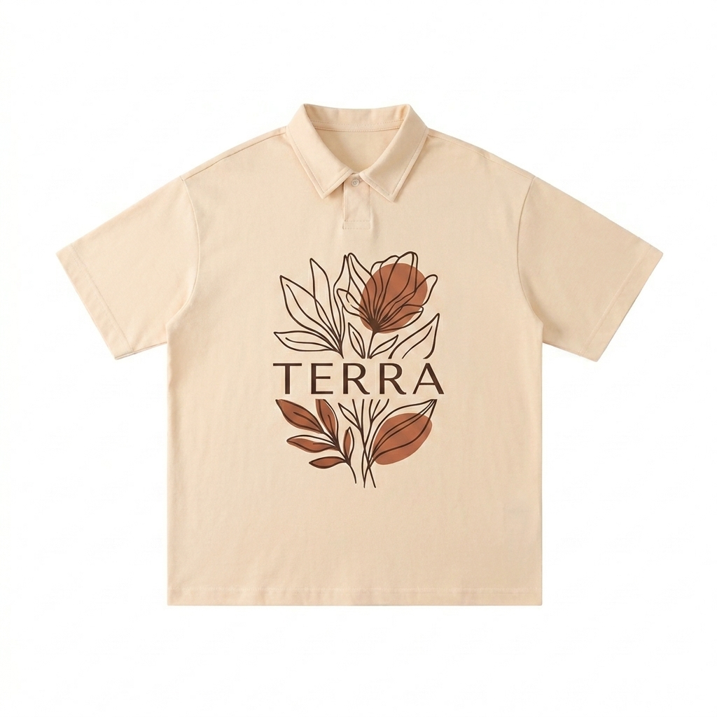 Custom Loose Cotton Polo Shirt design direction 2: Abstract Botanical Graphic featuring the TERRA wordmark
