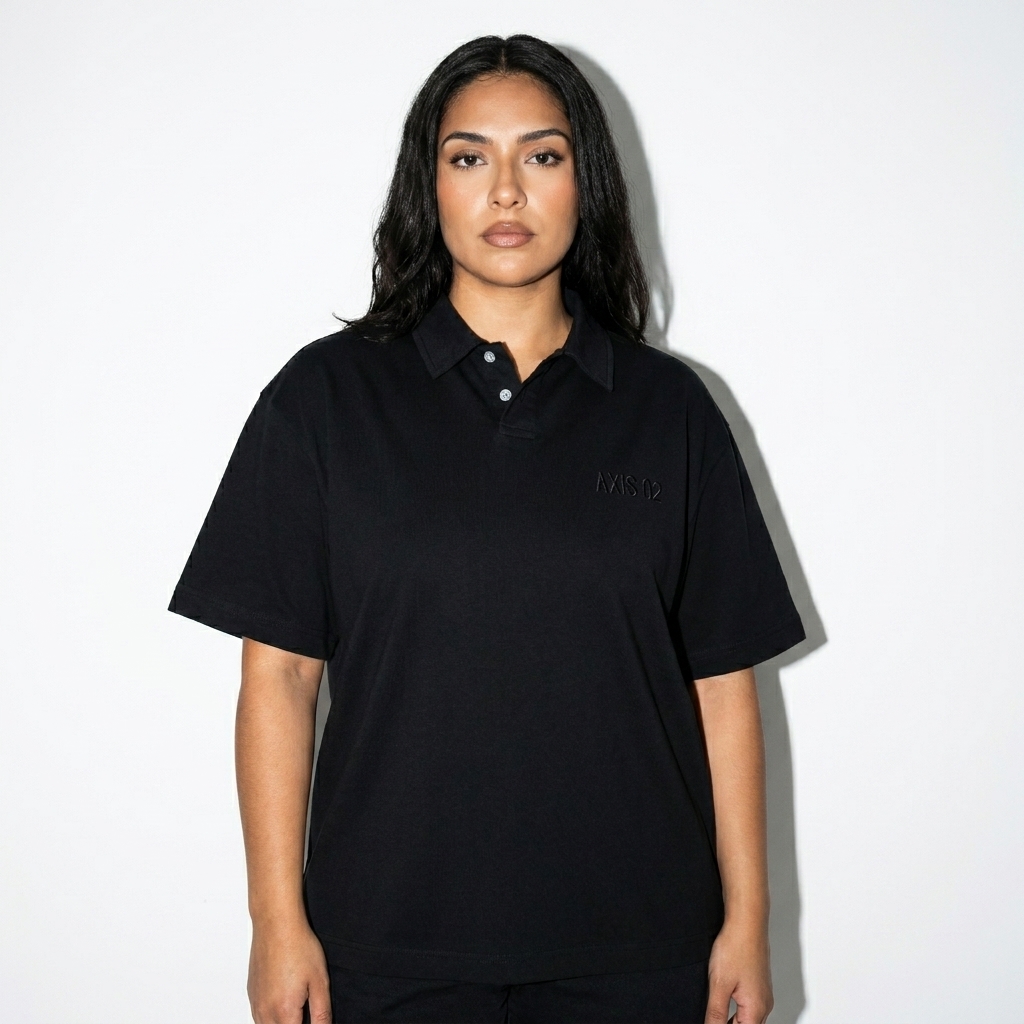 Loose Cotton Polo Shirt worn by a mid-size Latino female fashion influencer, clean-girl minimal styling, studio lookbook — custom loose cotton polo shirt