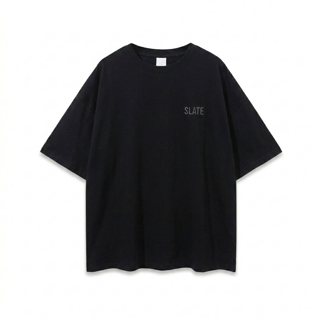 Custom Loose Drop Shoulder T-Shirt design direction 1: Subtle Tonal Embroidery featuring the SLATE wordmark