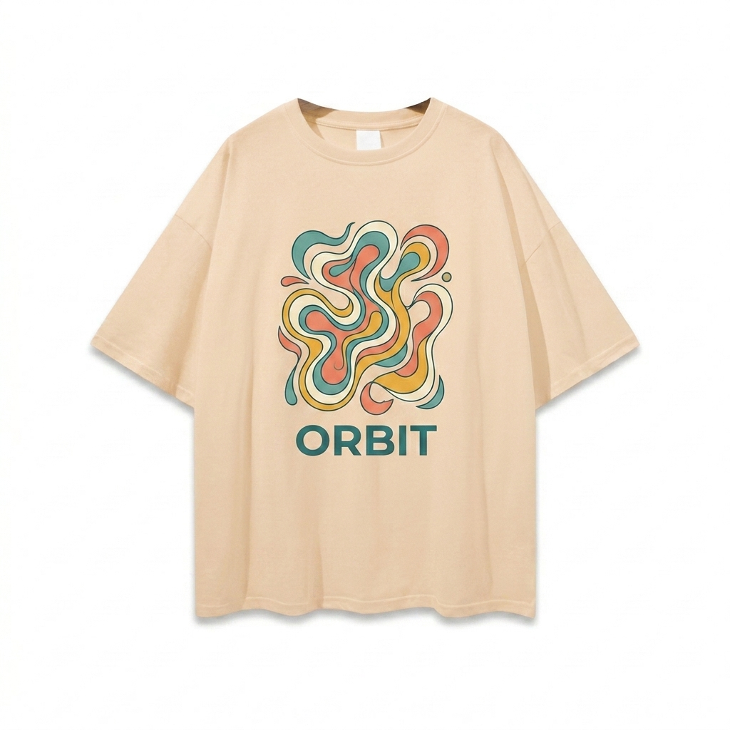 Custom Loose Drop Shoulder T-Shirt design direction 2: Bold Abstract Graphic featuring the ORBIT wordmark