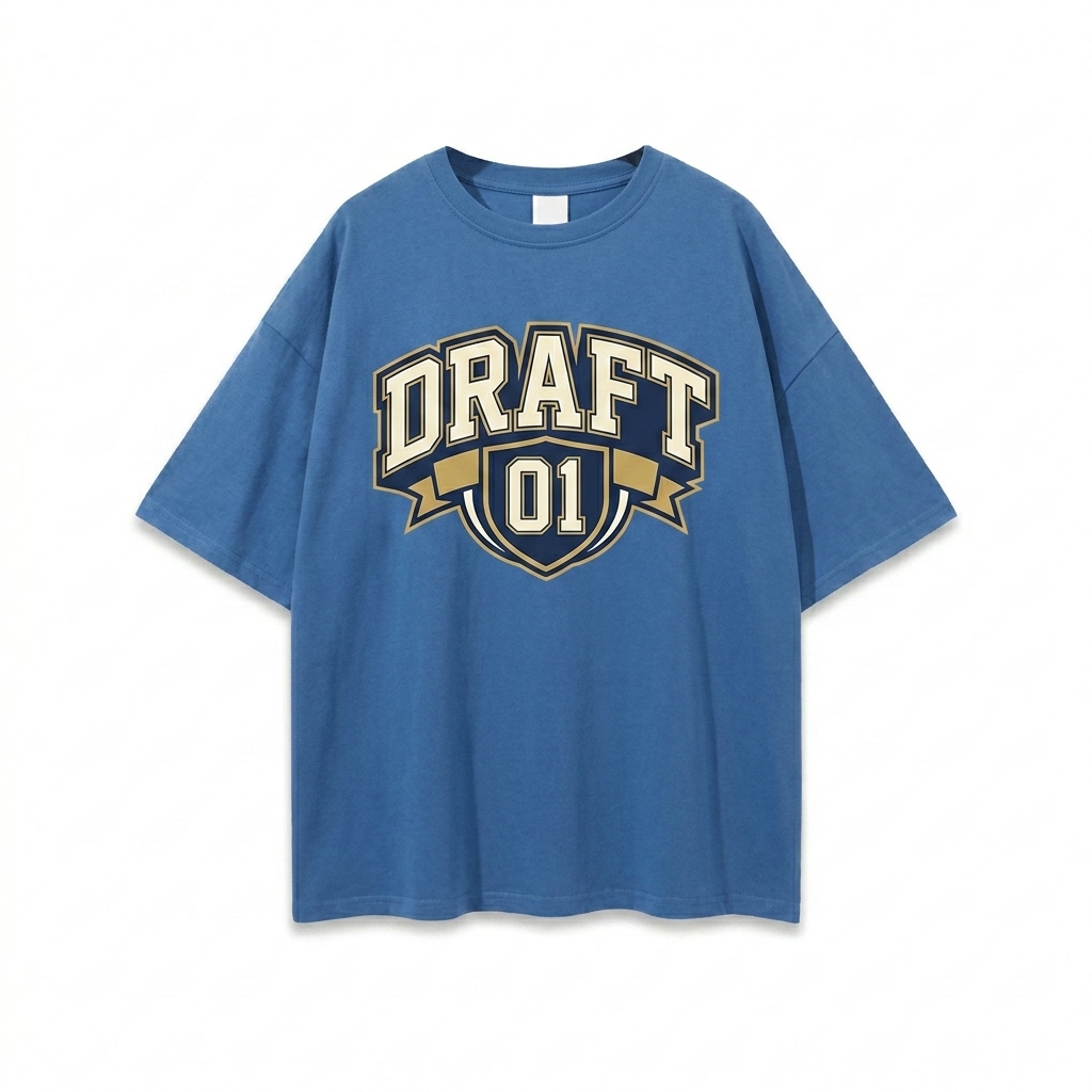 Custom Loose Drop Shoulder T-Shirt design direction 3: Retro Collegiate Emblem featuring the DRAFT 01 wordmark
