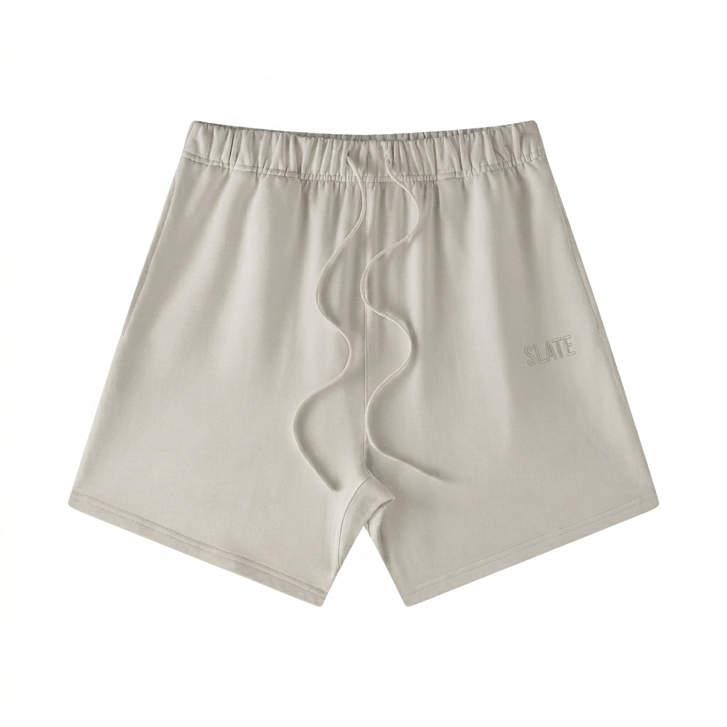 Custom Loose Fit Cotton Blend Shorts design direction 1: Minimalist Tonal Wordmark featuring the SLATE wordmark