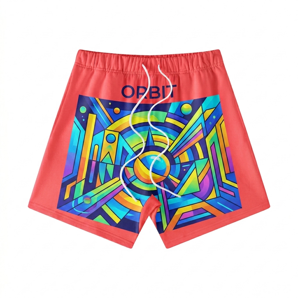 Custom Loose Fit Cotton Blend Shorts design direction 2: Abstract Graphic Print featuring the ORBIT wordmark