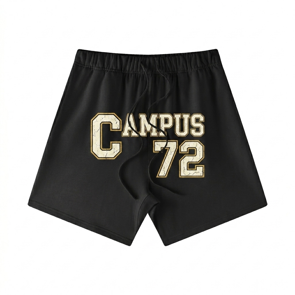 Custom Loose Fit Cotton Blend Shorts design direction 3: Retro Collegiate Emblem featuring the CAMPUS 72 wordmark