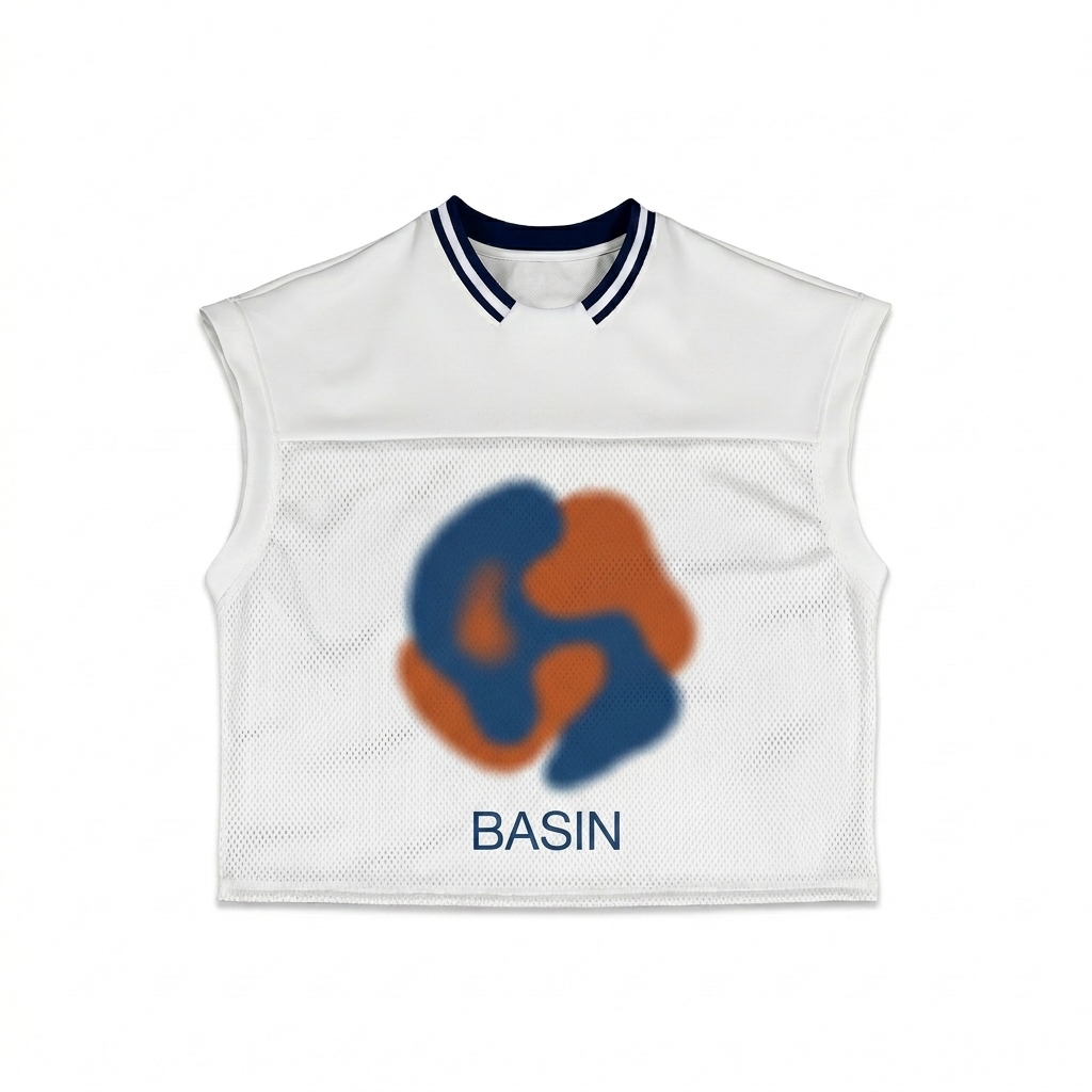 Custom Loose Sleeveless Mesh T-Shirt design direction 2: Bold Abstract Graphic featuring the BASIN wordmark