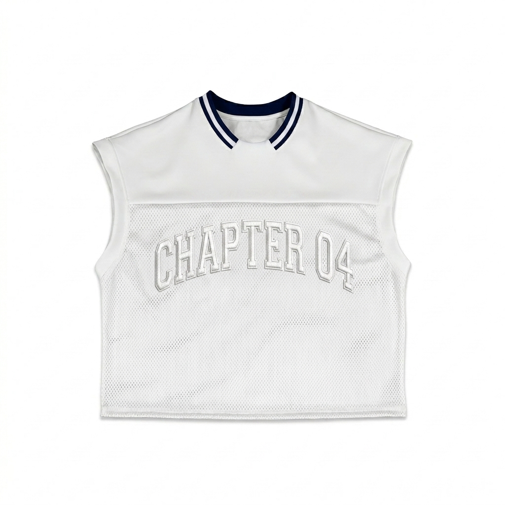 Custom Loose Sleeveless Mesh T-Shirt design direction 3: Retro Collegiate Emblem featuring the CHAPTER 04 wordmark