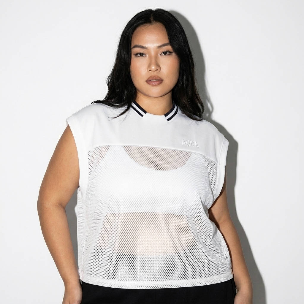 Loose Sleeveless Mesh T-Shirt worn by a curvy Vietnamese female fashion influencer, workwear utility styling, studio lookbook — custom loose sleeveless mesh t-shirt
