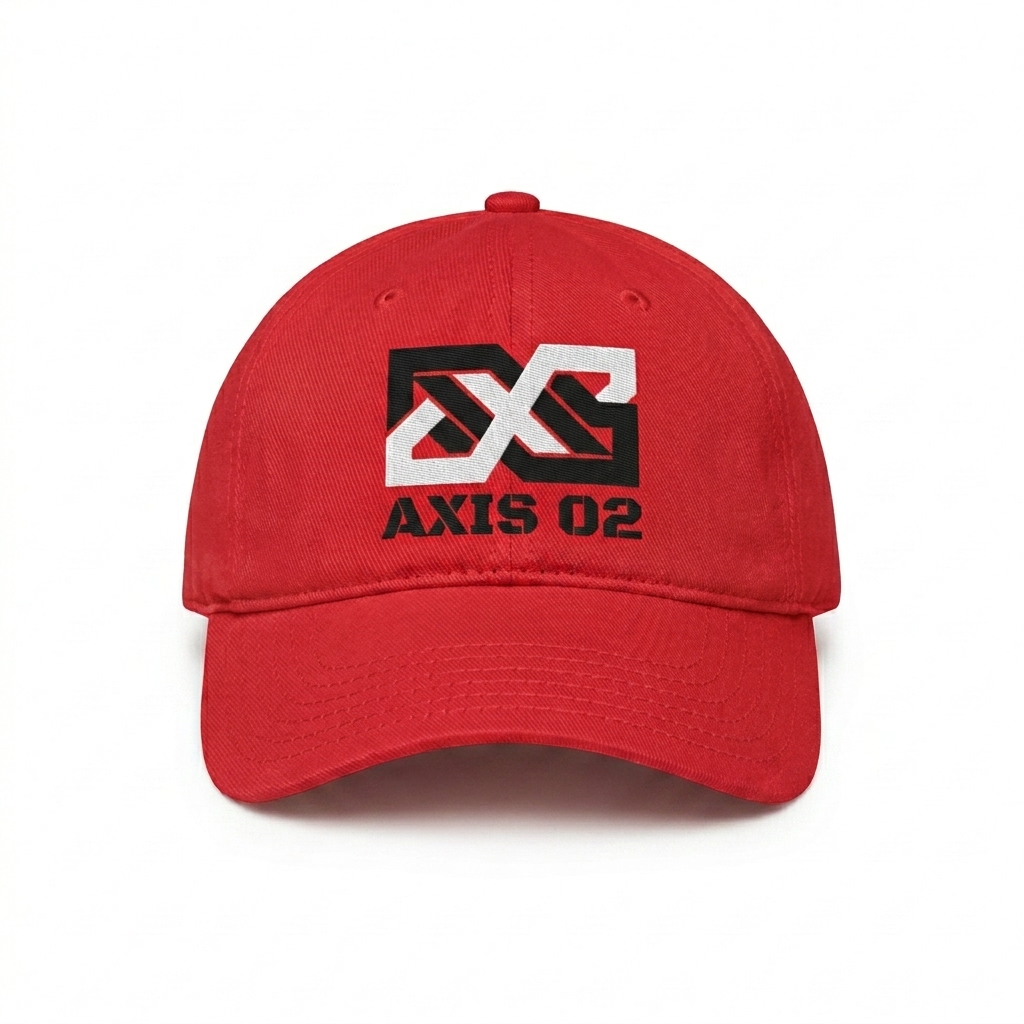 Custom Low Profile Baseball Cap design direction 2: Bold Abstract Graphic featuring the AXIS 02 wordmark