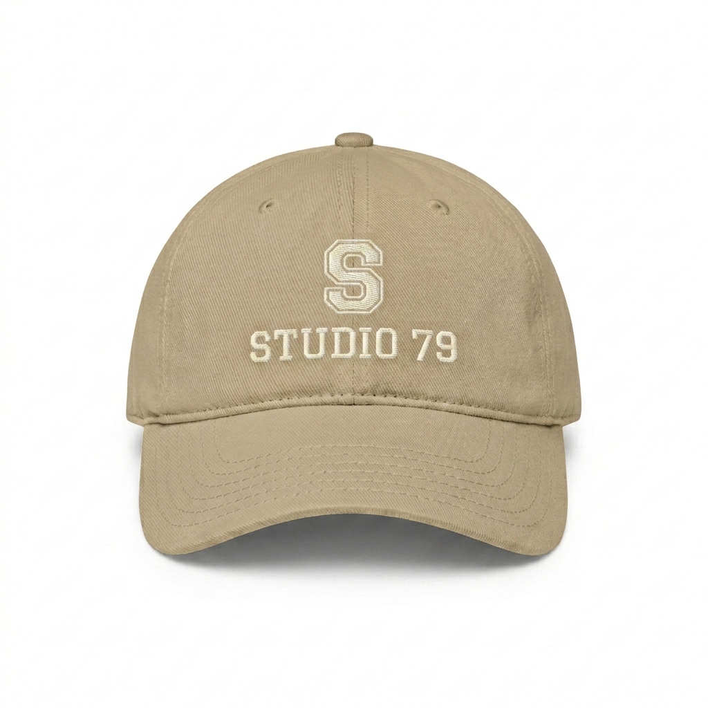 Custom Low Profile Baseball Cap design direction 3: Retro Collegiate Emblem featuring the STUDIO 79 wordmark