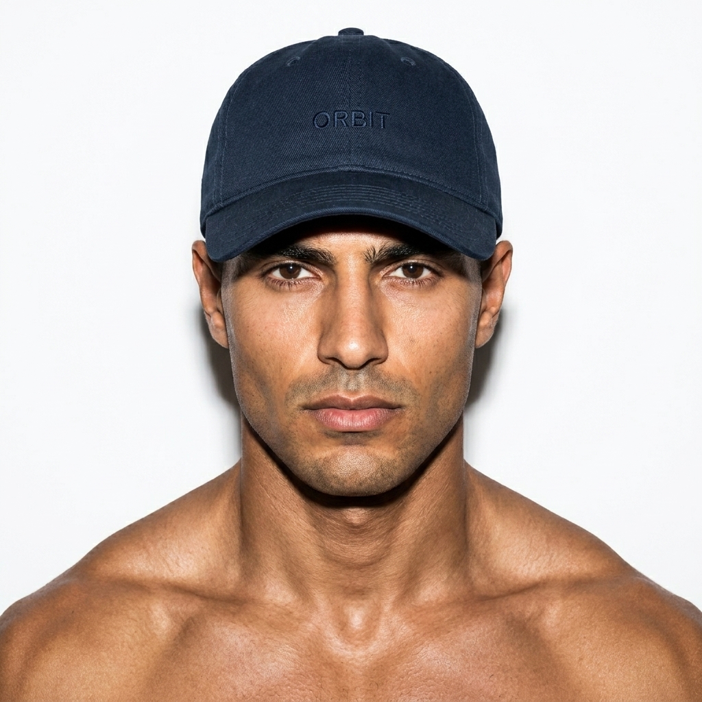 Low Profile Baseball Cap worn by a athletic muscular Middle Eastern male fashion influencer, clean-girl minimal styling, studio lookbook — custom low profile baseball cap