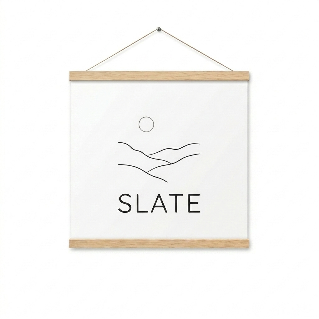 Custom Matte Paper Poster with Magnetic Hanger design direction 1: Minimalist Landscape featuring the SLATE wordmark