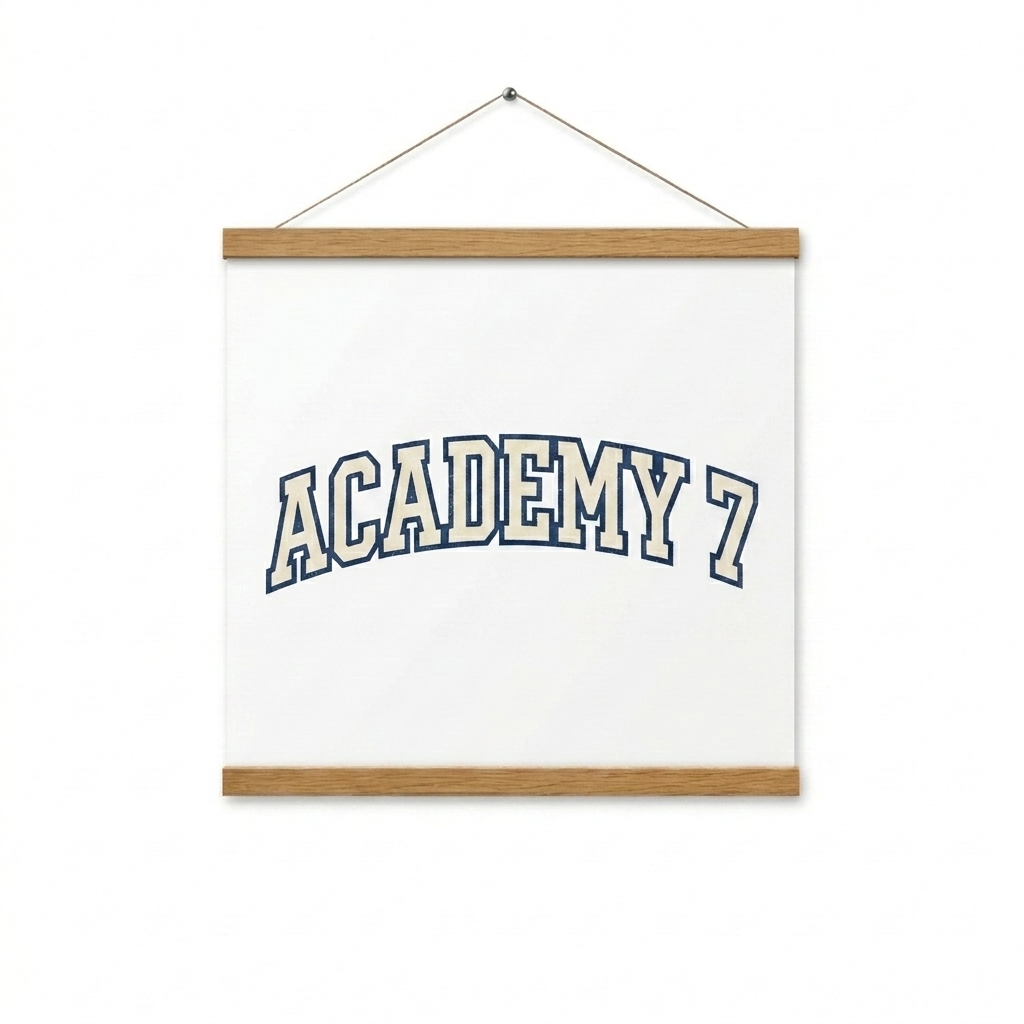 Custom Matte Paper Poster with Magnetic Hanger design direction 3: Retro Collegiate Wordmark featuring the ACADEMY 7 wordmark